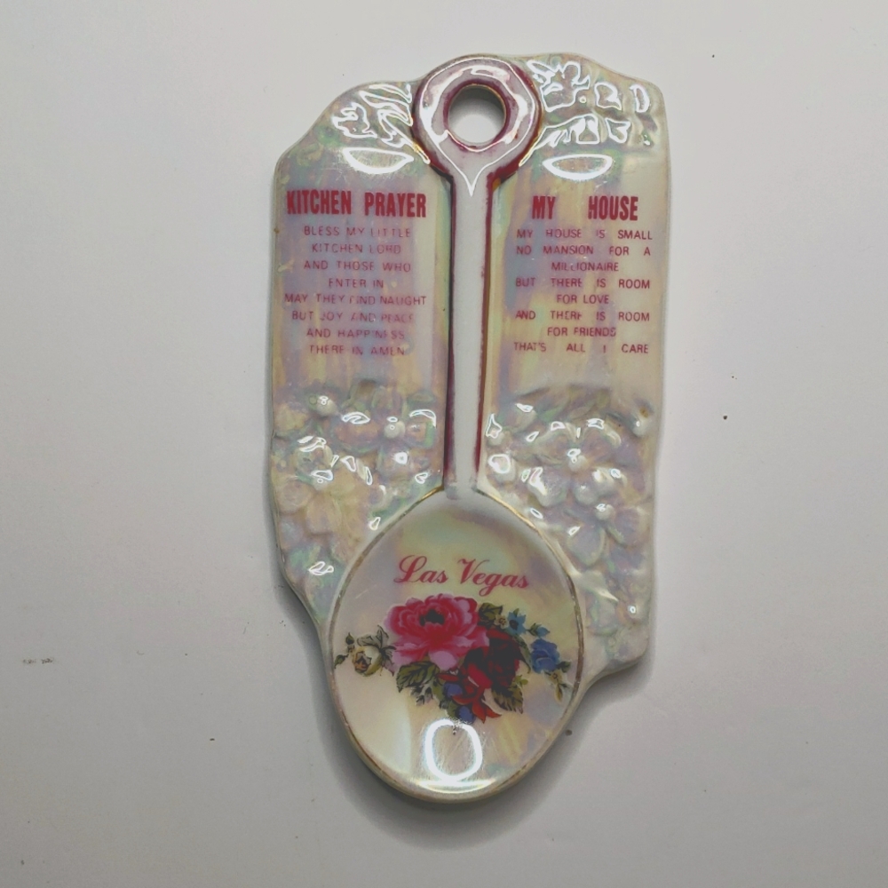 Vintage, ceramic, souvenir, plaque, spoon rest, prayers, flower, hanging.  102